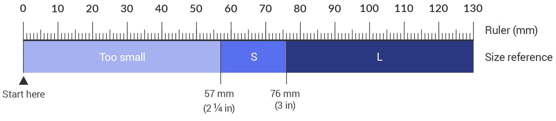 You may also print this ruler to measure your hands width. Place the end of your hand next to the start here marker and see which strap will be more comfortable for you